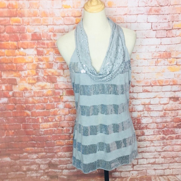 White House Black Market Tops - White House Black Market Gray and Silver Sequined Cowl Neck Sleeveless Blouse